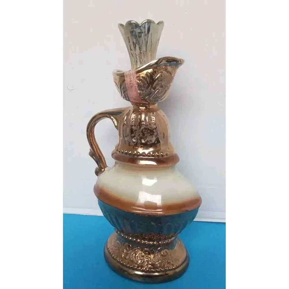 Vintage Decorative Ceramic‎ Pitcher Vase with Copper Finish and Floral Design